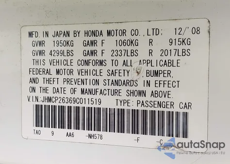 2009 Honda Accord Lx z USA, uszkodzony, nr VIN JHMCP26369C011519
